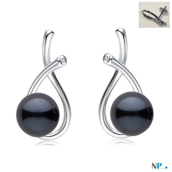 Boucles d'oreilles en Argent 925 zirconiums et perles d'Akoya noires