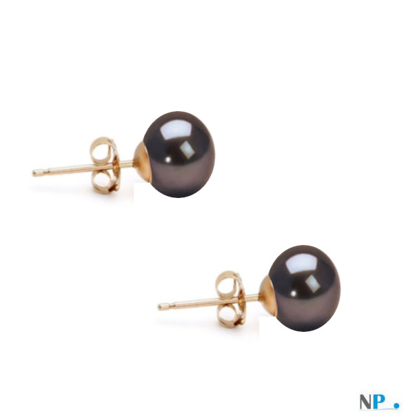 Boucles d'oreilles en Or 14k avec Perles noires d'eau douce forme légèrement aplatie en bouton