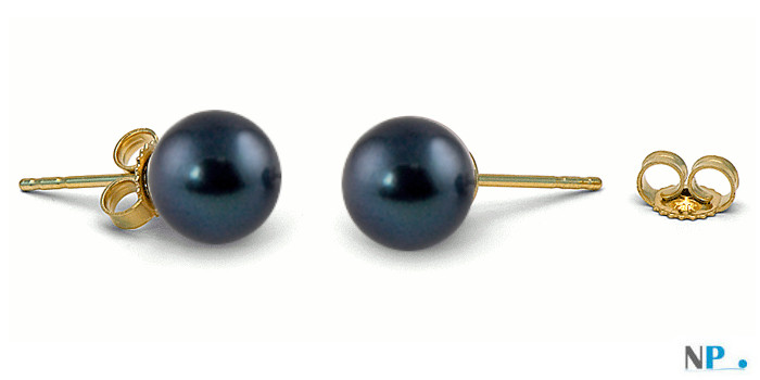 Boucles d'Oreilles or 14k perles d'eau douce noires 6 à 7 mm AAA reflets bleus foncés