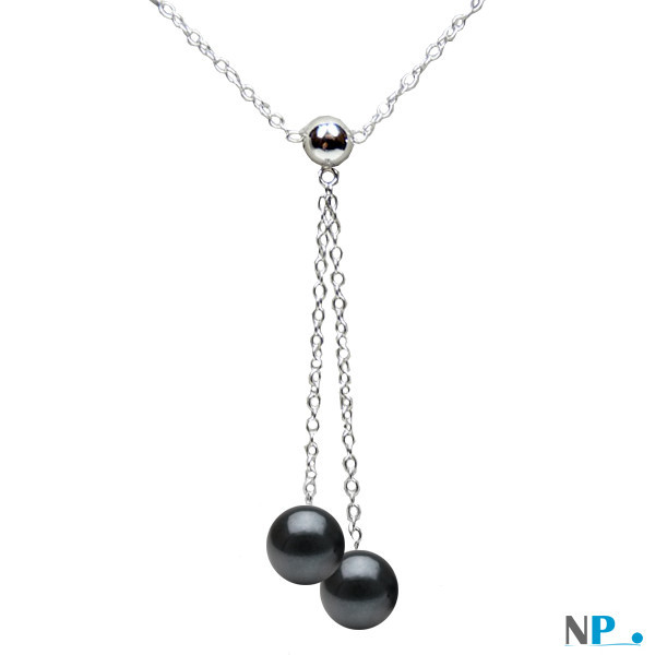 Pendentif collier en argent 925 avec perles noires Akoya