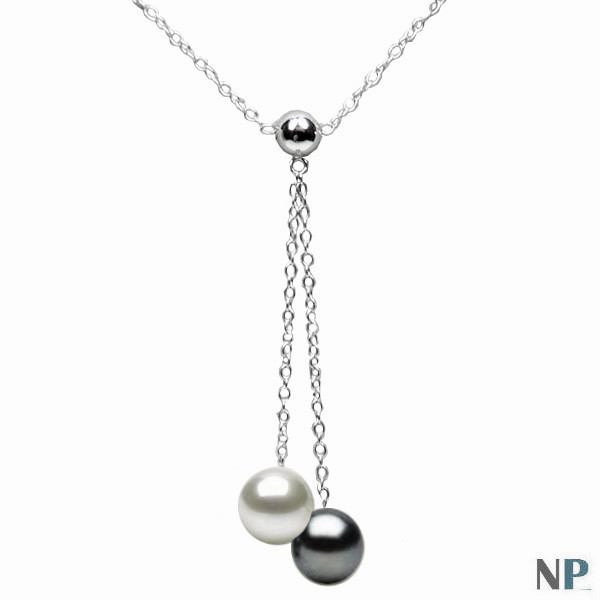 Pendentif Collier en Argent 925 avec perles noire et blanche d'eau douce