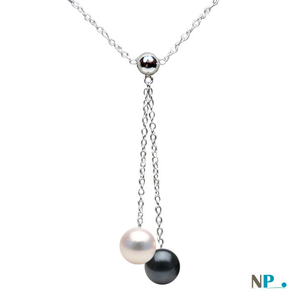 Pendentif collier en or gris rhodié  avec perles noire et blanche Akoya