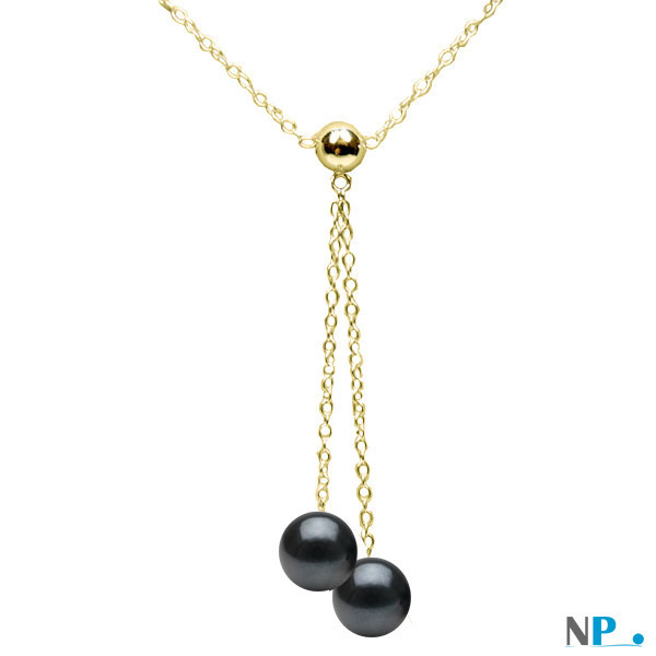 Pendentif collier en or jaune  avec perles noires Akoya