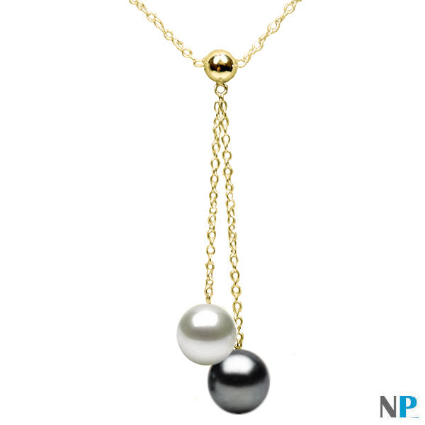 Collier en or jaune avec une perle noire et une perle blanche d'eau douce