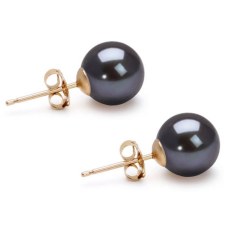 Boucles d'Oreilles Or Jaune 14k perles de culture d'Akoya noires 7,5 à 8 mm AAA