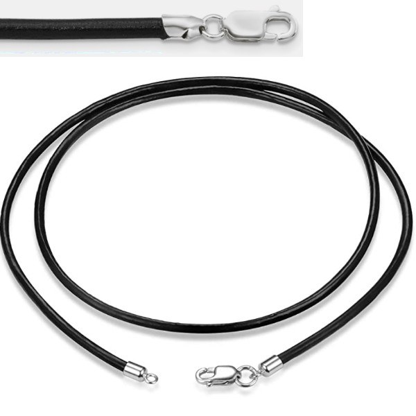 Cordon de cuir noir Ø 2 mm pour pendentif, 40 cm , fermoir Argent 925