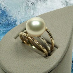 Bague Or 18k Diamants Perle d'Akoya 8,5-9 mm AAA blanche ivoire