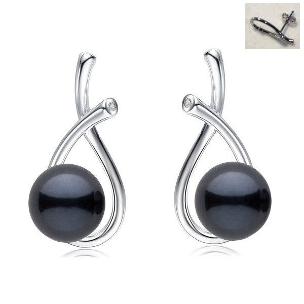 Boucles d'Oreilles Argent 925, Zirconiums et Perles d'Akoya Noires