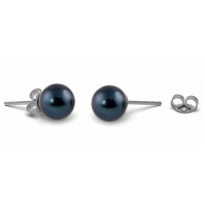 Boucles d'Oreilles Or Gris 14k perles d'eau douce noires 6 à 7 mm AAA reflets bleus foncés