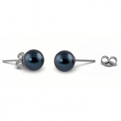 Boucles d'Oreilles Or Gris 14k perles d'eau douce noires 6 à 7 mm AAA reflets bleus foncés
