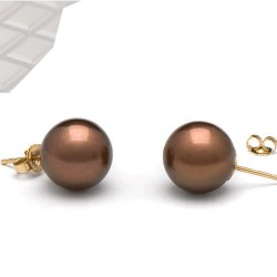 Boucles d'Oreilles or 14k perles d'eau douce Chocolat 8 à 9 mm AAA (rondes)