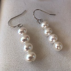 Boucles d'Oreilles Argent 925 4 perles ovalisées d'eau douce 7-8 mm AA+ sur chaque boucle