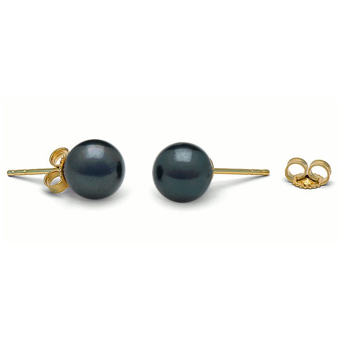 Boucles d'Oreilles Or Jaune 14k perles de culture d'Akoya noires 6,5 à 7 mm AAA