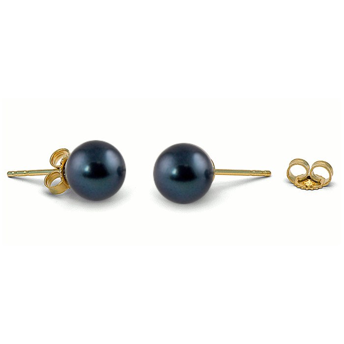 Boucles d'Oreilles Or Jaune 14k perles de culture d'Akoya noires bleuté 6,5 à 7 mm AAA