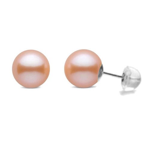 Paire de boucles d'Oreilles Or 18k silicone perles d'Eau Douce Pêches 6 à 7 mm AAA