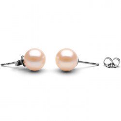 Paire de boucles d'Oreilles Or Gris 14k perles d'eau douce Pêche clair, 9 à 10 mm AAA