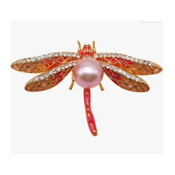 Broche Libellule en plaqué or avec perle d'eau douce de 9,5 mm lavande AAA