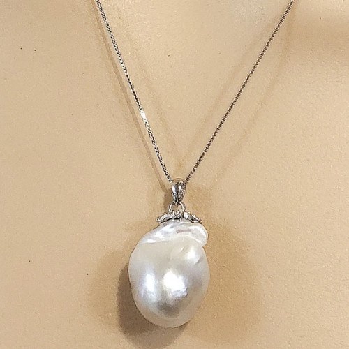 Pendentif et Chaine 40 cm en Argent 925 Perle Soufflée d'Eau Douce environ 25x14 mm